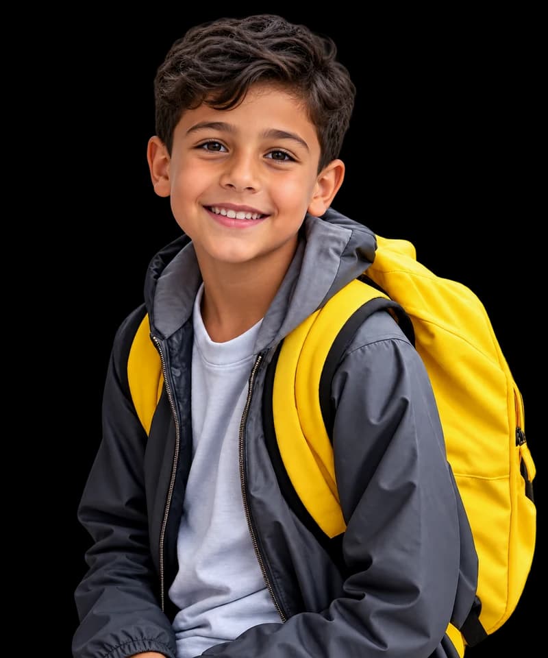 A smiling student with a yellow backpack, ready for school